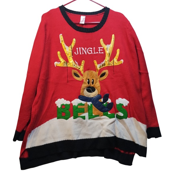 Holiday Time Sweaters - Holiday Time Womens Red Jingle Bells Reindeer Ugly Christmas Sweater 3X